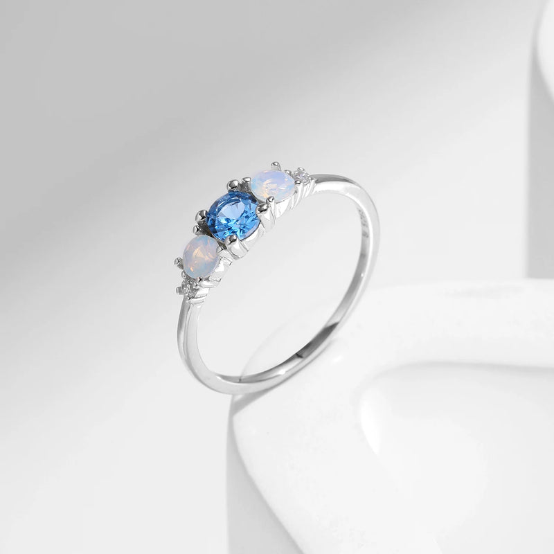 Sterling Silver Blue Opal Three Stone Ring for Women