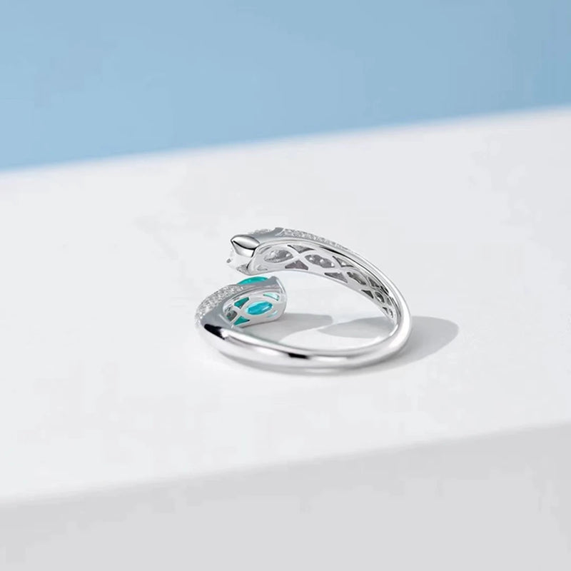 925 Sterling Silver Sparkling Oval Cut Paraiba Tourmaline High Carbon Diamond Gems Open Ring for Women