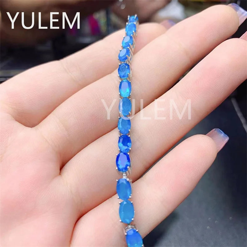 925 Sterling Silver Natural Sapphire/Opal Gemstone Bracelet for Women