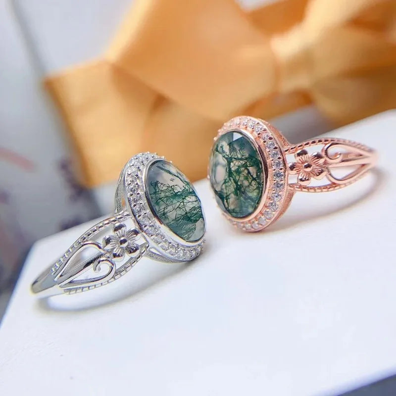 925 Sterling Silver Gold Plated Moss Agate Ring for Women