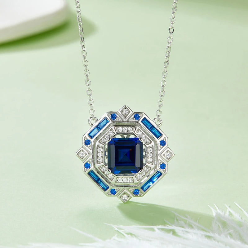 925 Sterling Silver Sapphire 3.18 ctw Diamond Pendant Necklace for Women