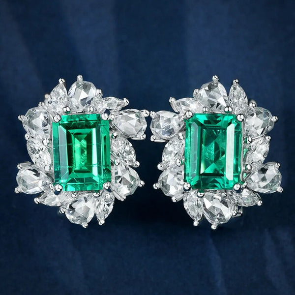 Wong Rain Vintage 925 Sterling Silver 6*8 MM Emerald High Carbon Diamond Gemstone Studs Earrings Jewelry Anniversary Gifts