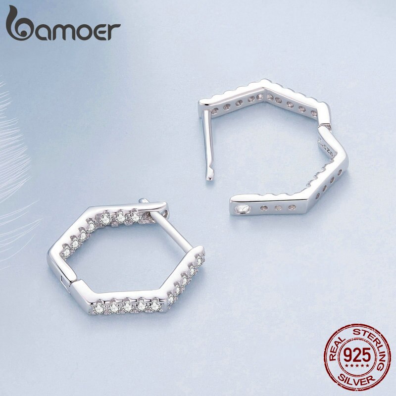 925 Sterling Silver Zircon Hexagonal Hoop Earrings for Women