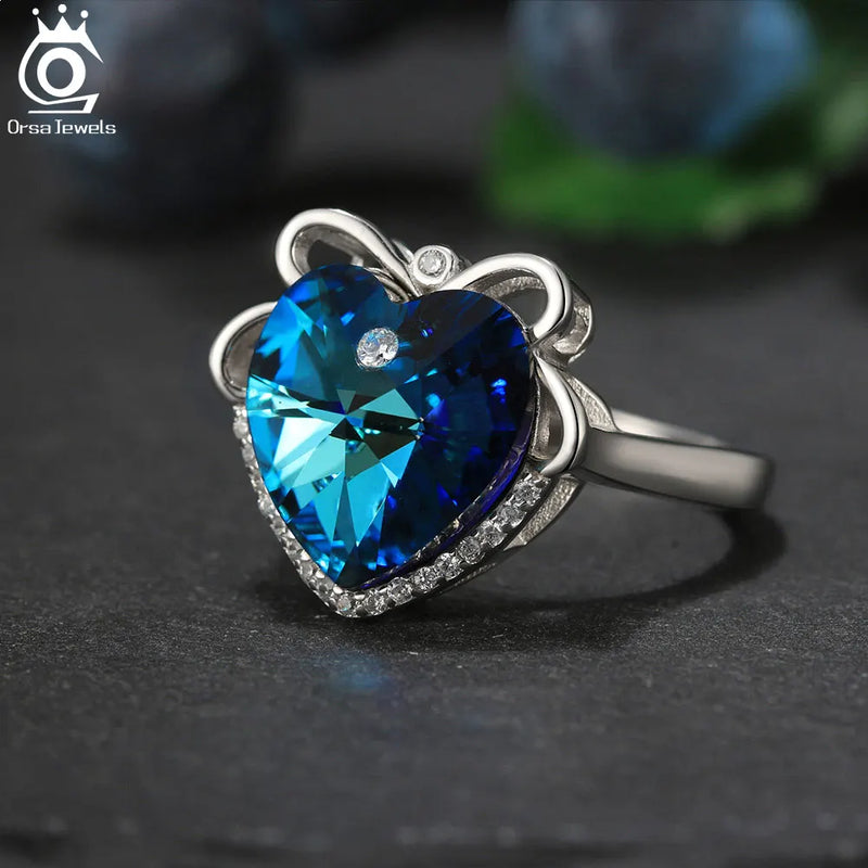 Sterling Silver Blue Crystal Heart Ring for Women