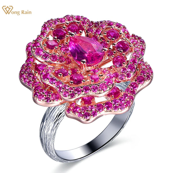 Wong Rain Hyperbole Flower 925 Sterling Silver Ruby Gemstone Ring for Women Wedding Engagement Fine Jewelry Anniversary Gifts