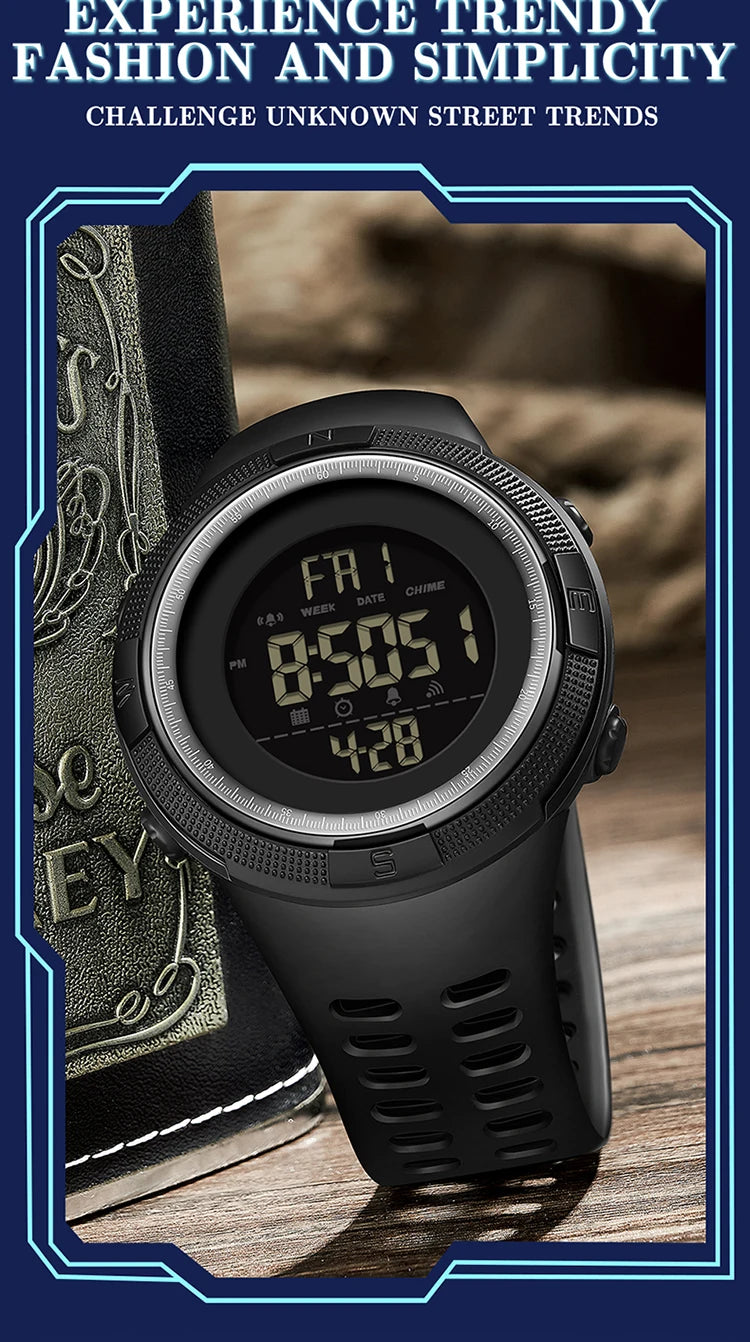 Stainless Steel Digital Sports Watch with Step Counting and Alarm for Men.