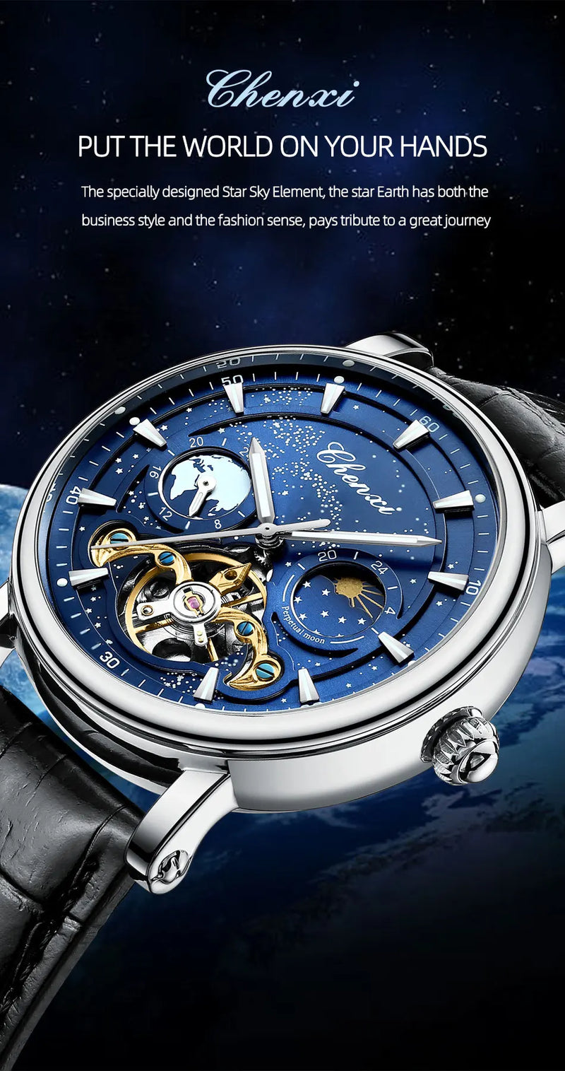 Stainless Steel Milky Way Moon Phase Hollow Flywheel Mechanical Watch for Men