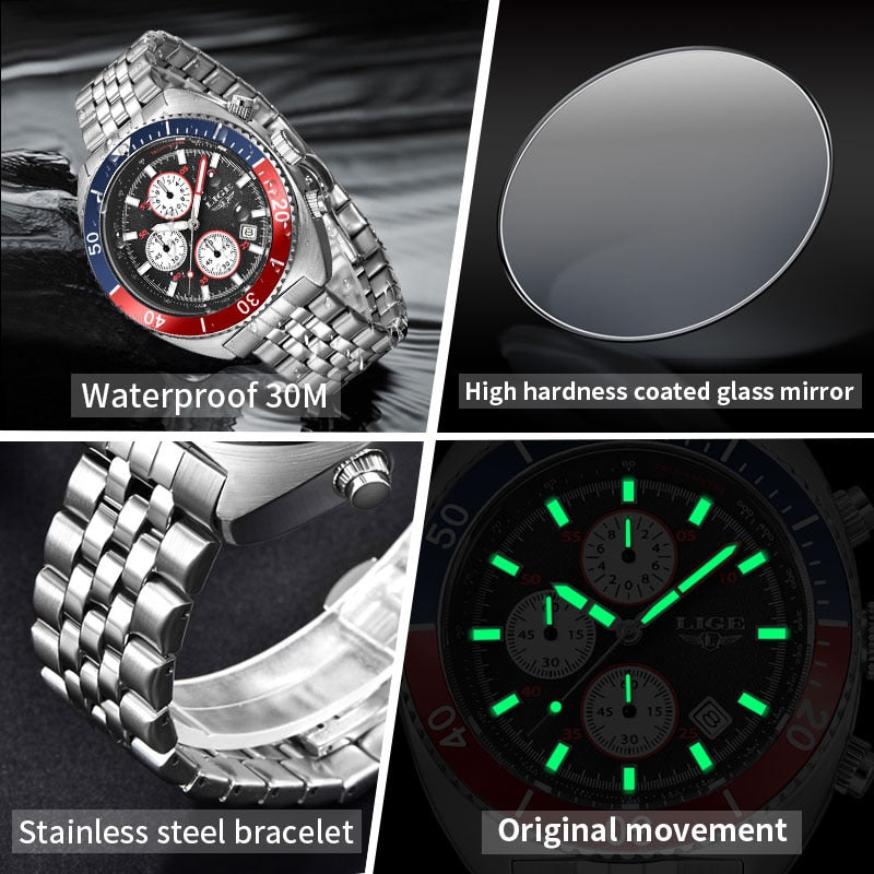 Stainless Steel Quartz Chronograph Wristwatch for Men