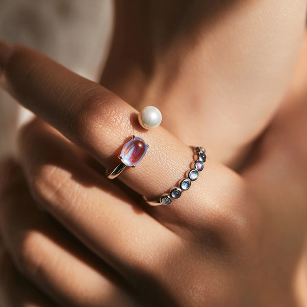 Sterling Silver Moonstone Crystal Pearl Adjustable Ring for Women