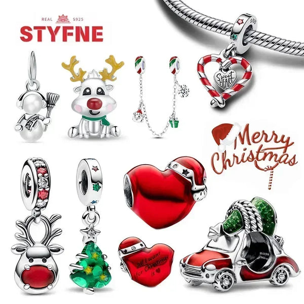 Sterling Silver Christmas Tree Heart Charm Beads for Women