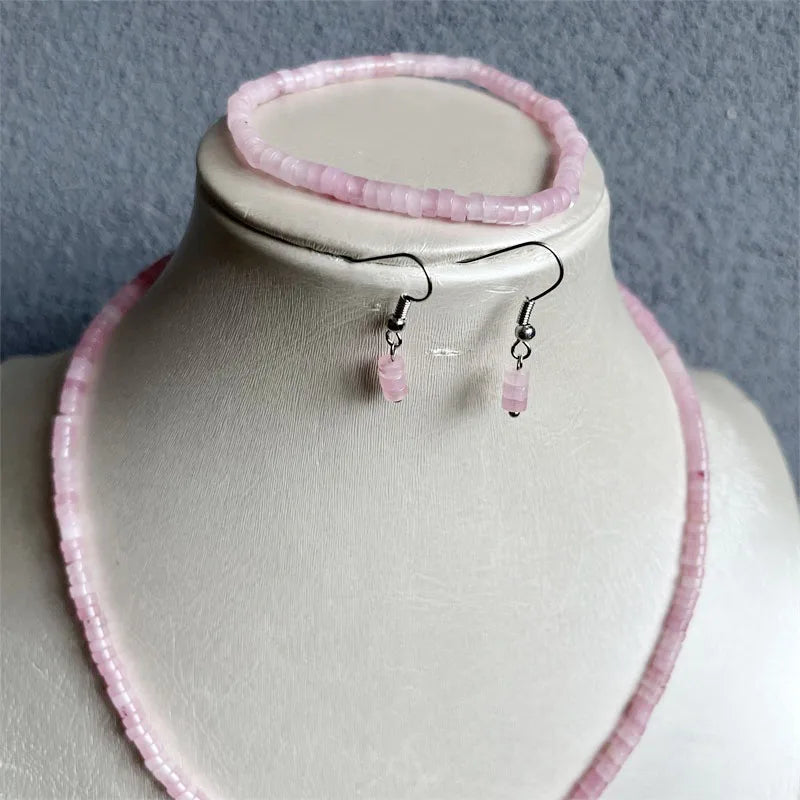 Sterling Silver Pink Quartz Necklace, Earrings, Bracelet & Choker Set for Women