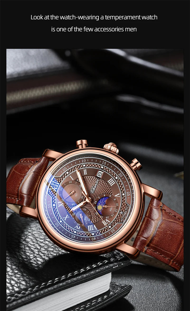 Stainless Steel Leather Chronograph Date Phase of the Moon Watch for Men