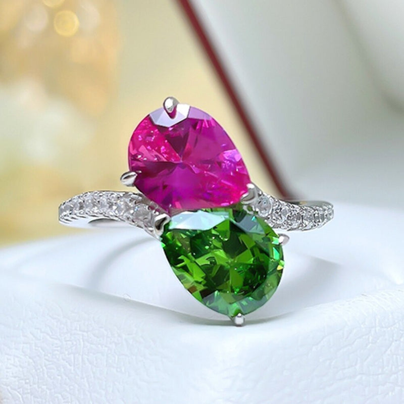 925 Sterling Silver Pear Cut 2 ctw Green Red High Carbon Diamond Rings for Women