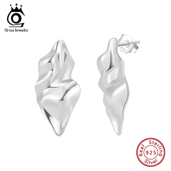 925 Sterling Silver Irregular Fold Stud Earrings for Women