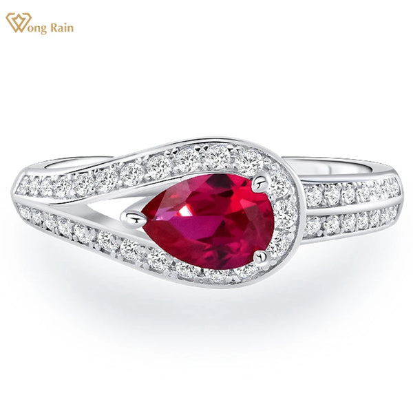 Wong Rain Vintage 925 Sterling Silver 5*7MM Pear Cut Ruby High Carbon Diamond Gemstone Wedding Party Ring Fine Jewelry for Women