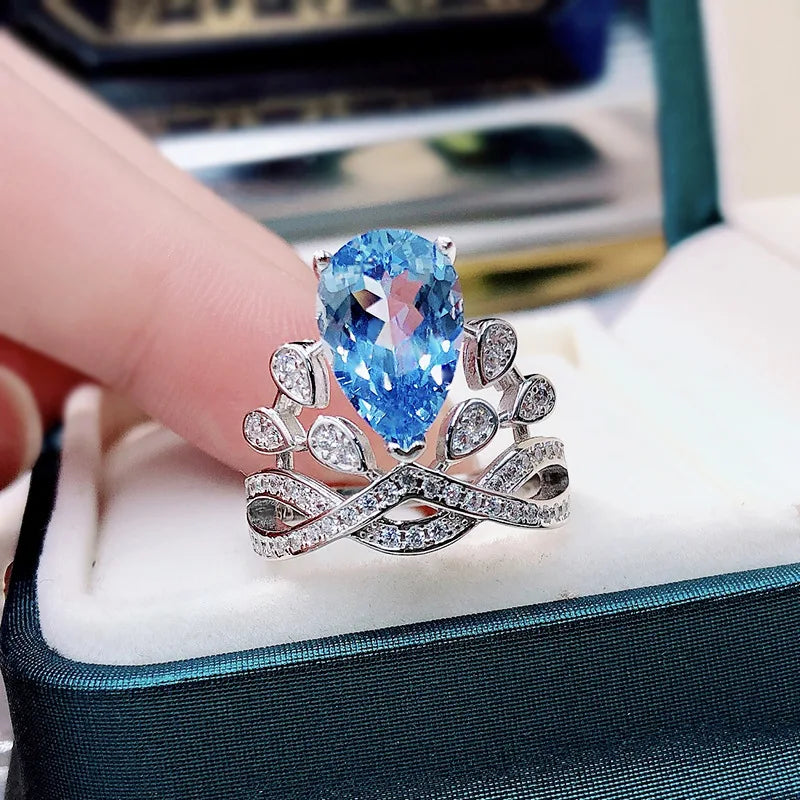 Sterling Silver Blue Topaz Crown Ring for Women