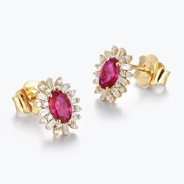 18K Gold Plated Sterling Silver Oval Cut Ruby Diamond Earrings for Women