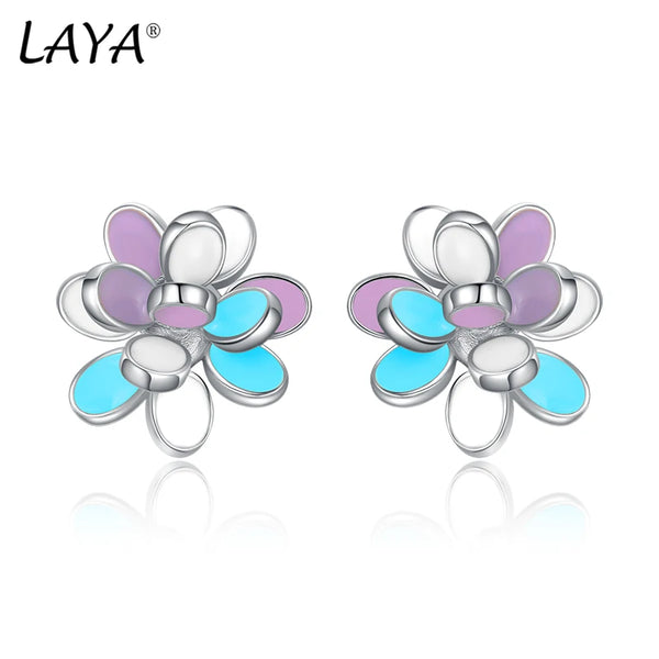 925 Sterling Silver Blue Purple Enamel Flower Stud Earrings for Women