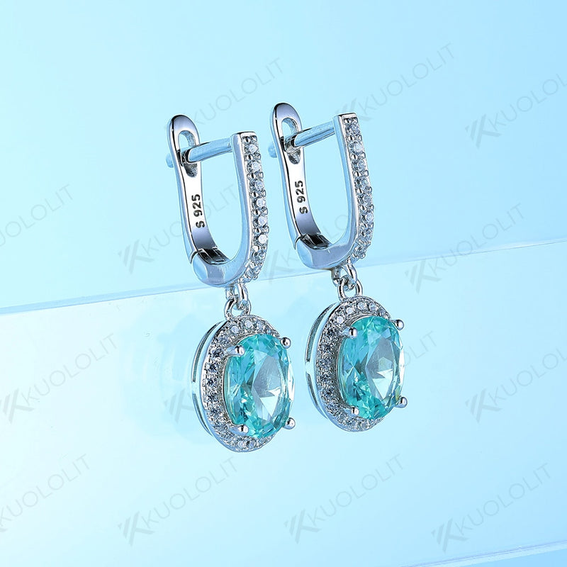 925 Sterling Silver Bluish Green Emerald Oval Gemstone Clip Earrings for Women