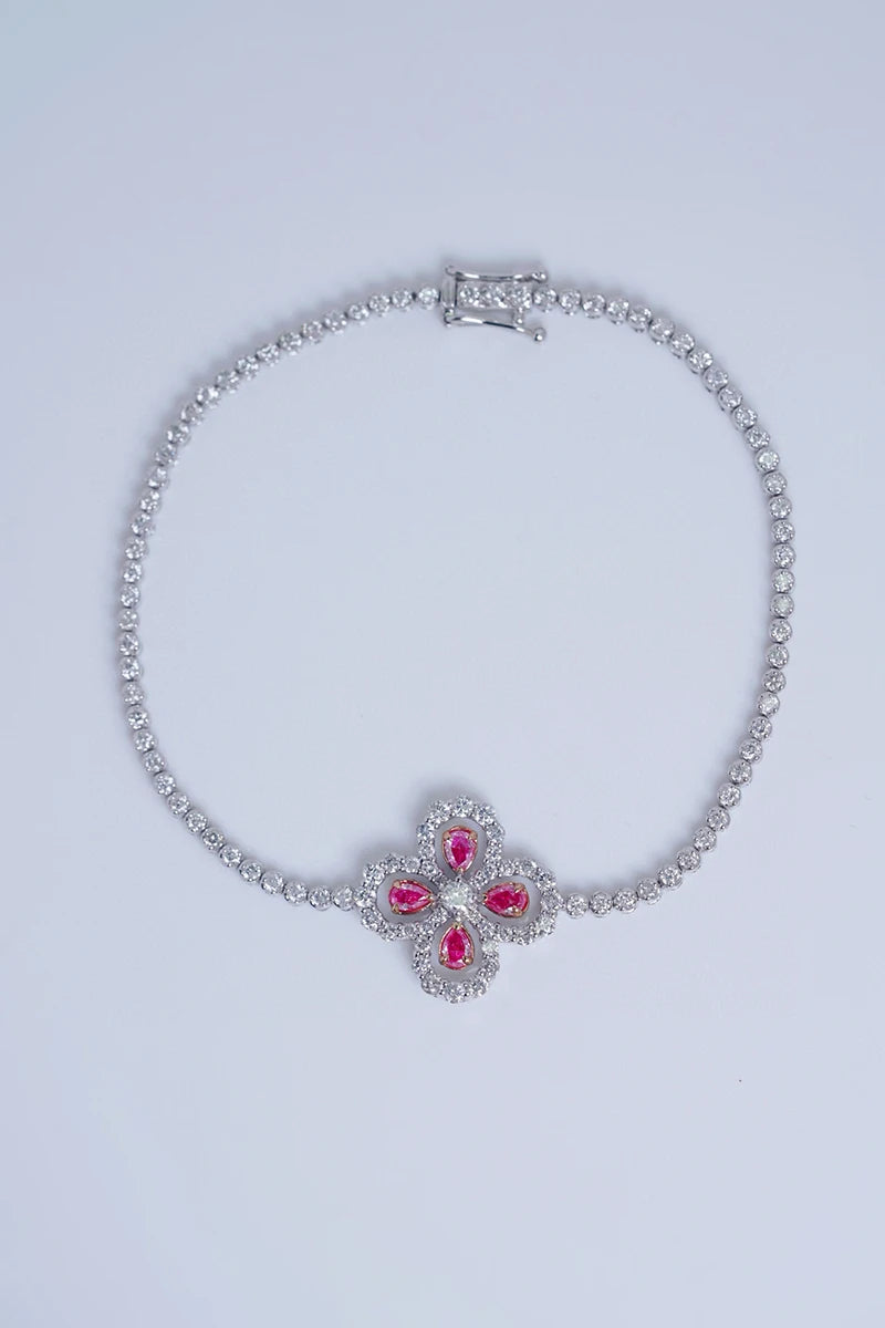 18K White Gold White & Pink Diamond Clover Bracelet for Women