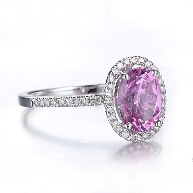 14K White Gold Pink Topaz Halo Diamond Engagement Ring for Women