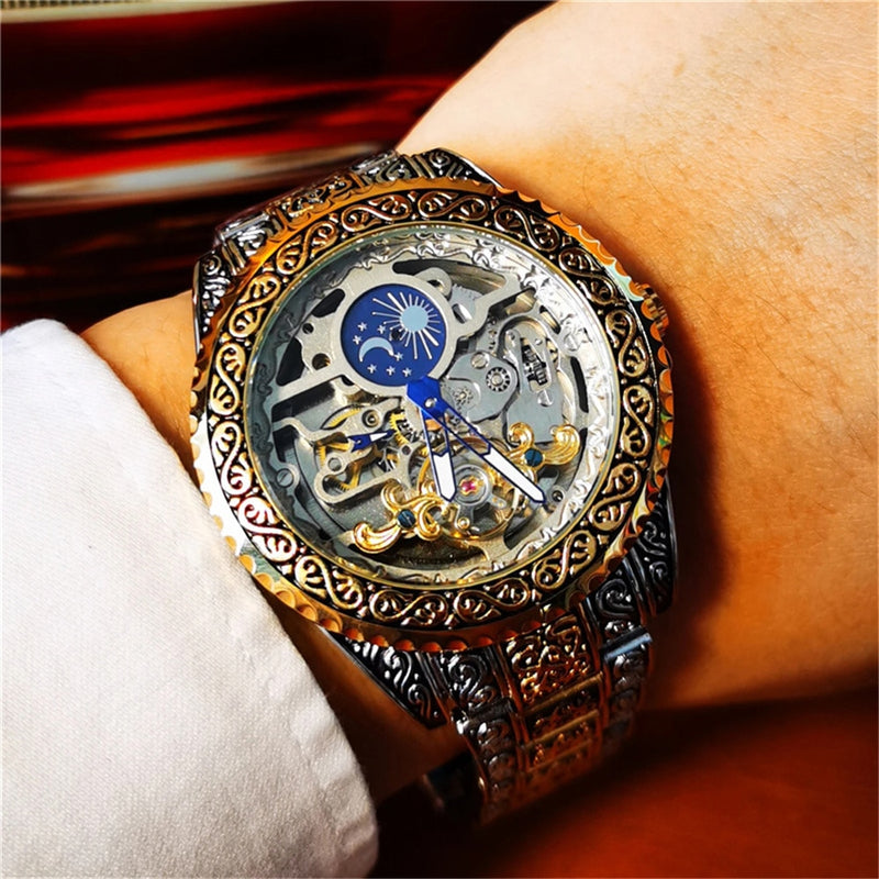 Stainless Steel Skeleton Automatic Luminous Mechanical Watch for Men