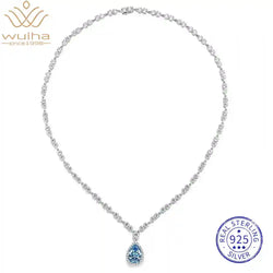 925 Sterling Silver Pear Cut Aquamarine High Carbon Diamonds Gemstone Flower Necklace