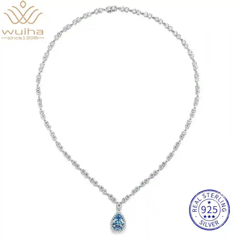 925 Sterling Silver Pear Cut Aquamarine High Carbon Diamonds Gemstone Flower Necklace