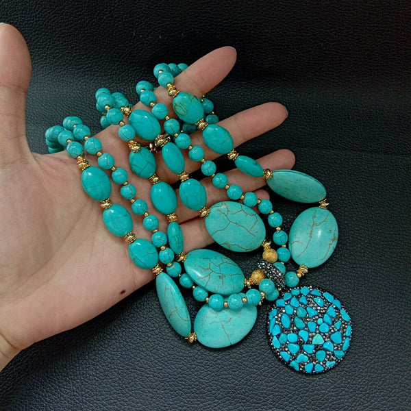 YYING 18 3 Strands Round Oval Blue Turquoise Necklace Turquoise Chips Pendant