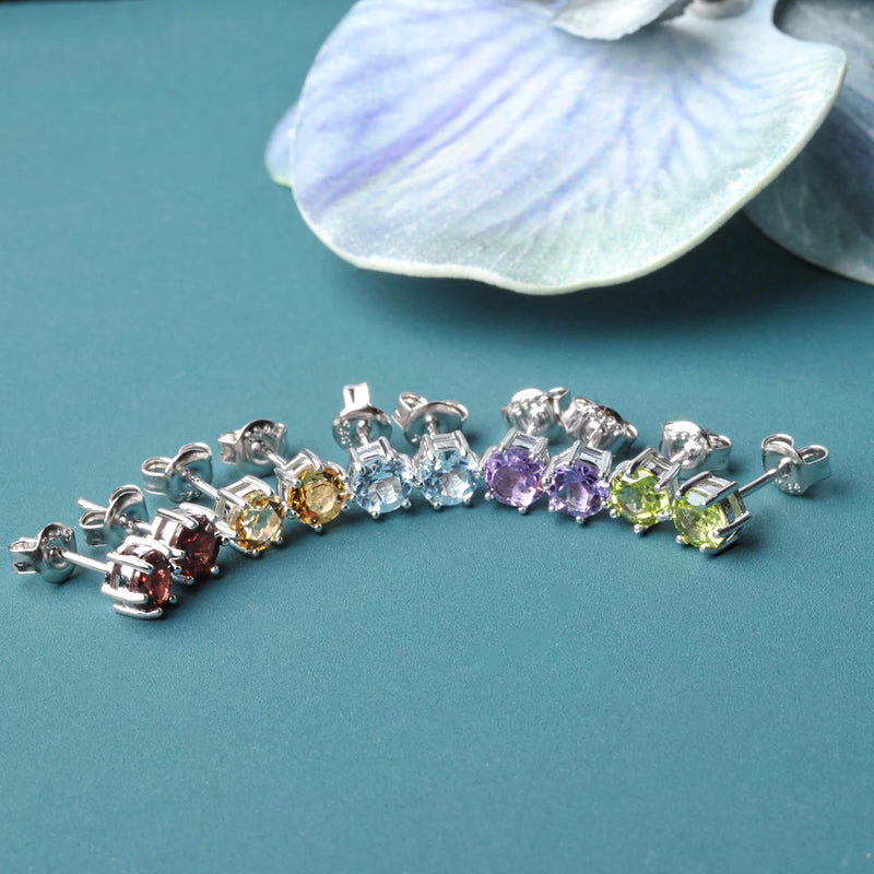 925 Sterling Silver Peridot Amethyst Citrine Garnet Sky Blue Topaz Stud Earrings for Women