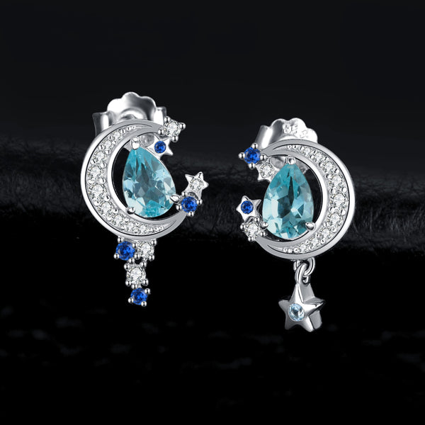 925 Sterling Silver Sky Blue Topaz & Created Sapphire Moon Star Stud Earrings for Woman