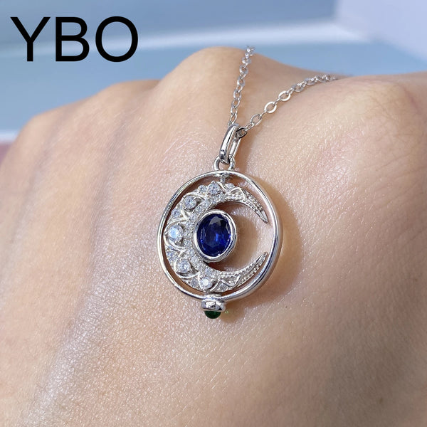 Sterling Silver Sapphire Moon Pendant Necklace for Women