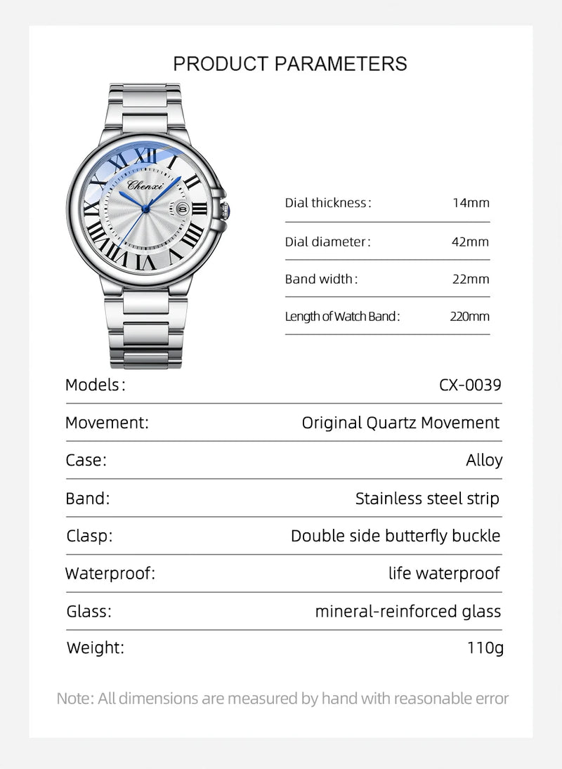 Stainless Steel Silver Waterproof Luminous Quartz Calendar Watch for Men