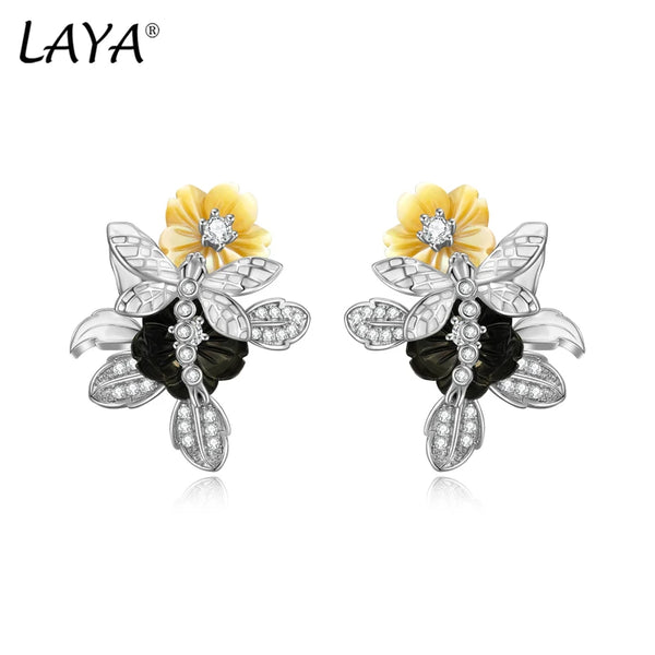 Sterling Silver Shell Flower Earrings with White Zircon for Women