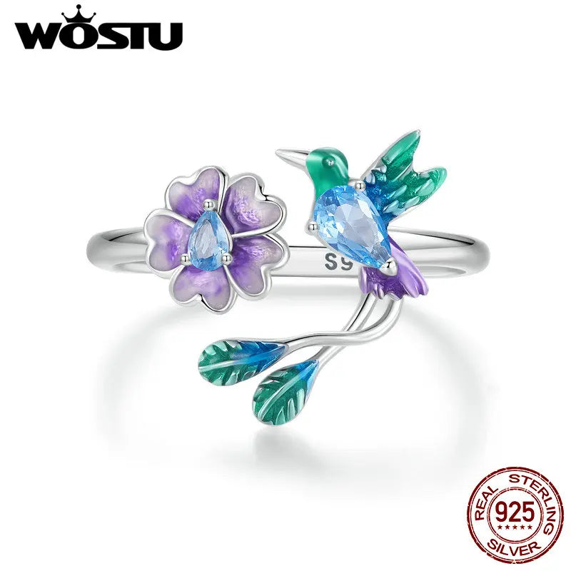 Sterling Silver Colorful Flower Bird Open Ring and Earrings Set for Women