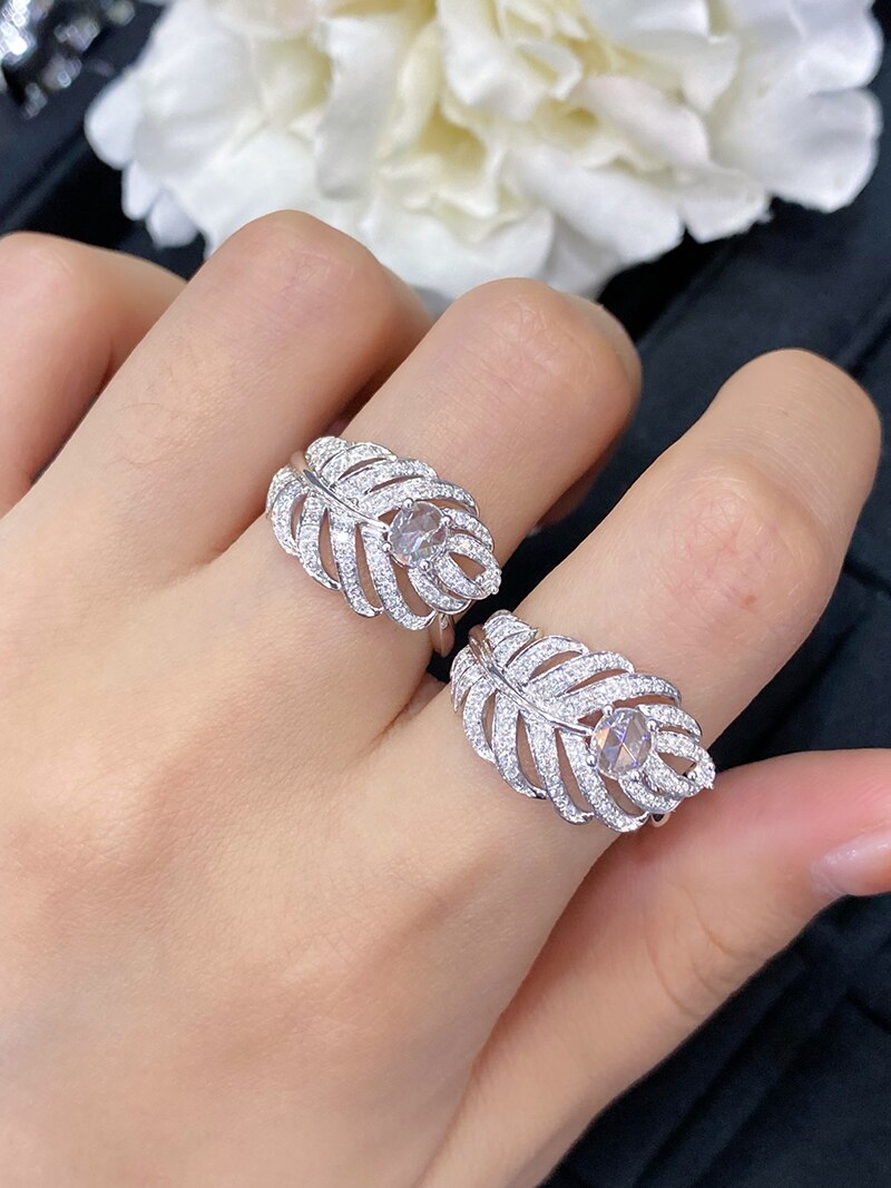 18K White Gold Real Natural Diamond Feather Design Ring for Women