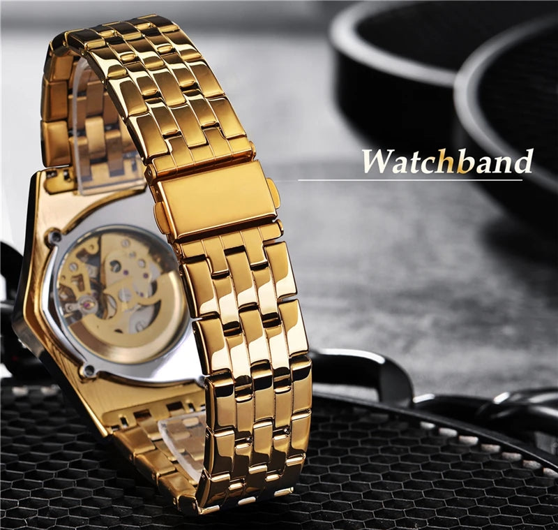 Golden Stainless Steel Skeleton Wrist Watch for Men