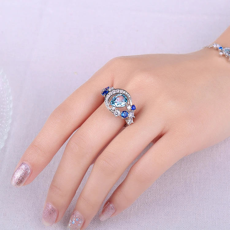 925 Sterling Silver Sky Blue Topaz Sapphire Statement Ring for Woman