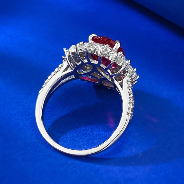 Sterling Silver Pigeon Blood Red Simulation Diamond Flower Cluster Ring for Women