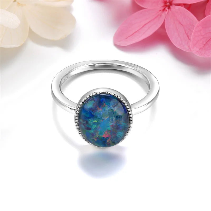 Sterling Silver 3 Carat Created Opal Oval Cut Gemstone Ring for Women