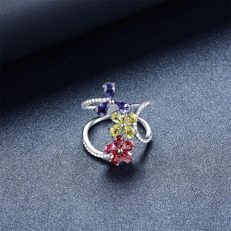 925 Sterling Silver Natural Garnet & Peridot Multi Gemstone Flower Ring for Women