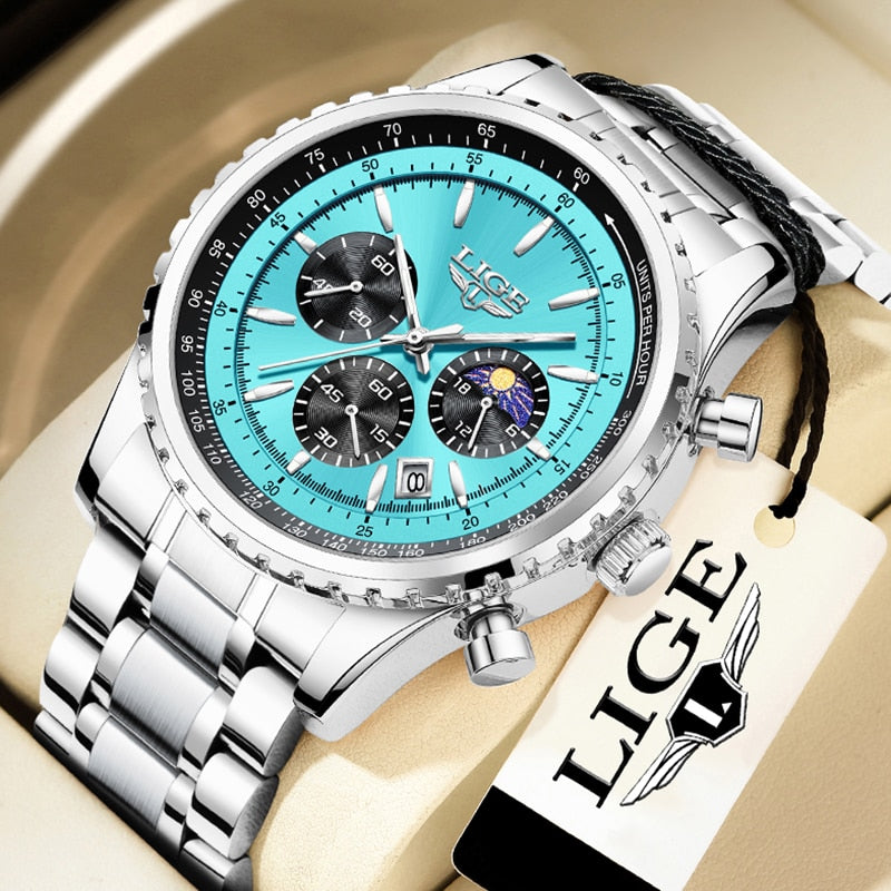 Stainless Steel Leather Quartz Chronograph Watch for Men