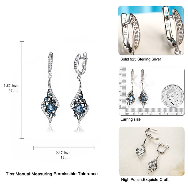 925 Sterling Silver Plant Drop Dangle Earrings with 1.8ct Natural Blue Topaz Gems for Women