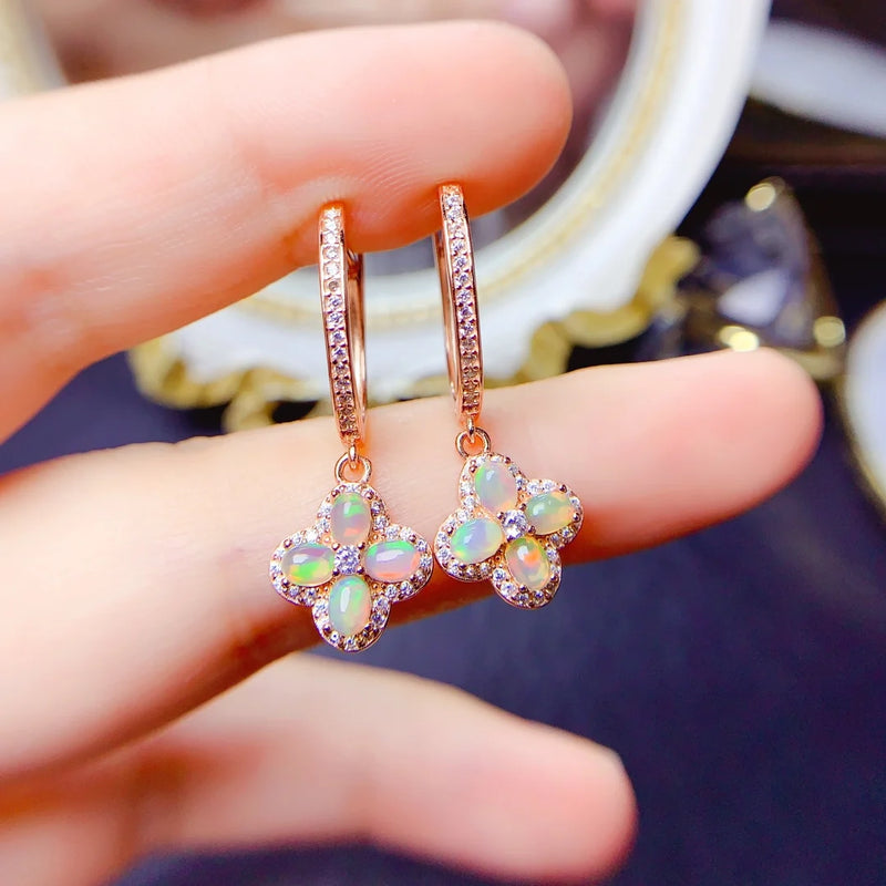 Sterling Silver Natural Opal Flower Earrings for Women