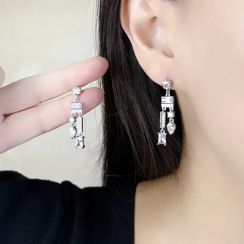 Sterling Silver 925 White Mix of Shapes Drop Earrings for Women