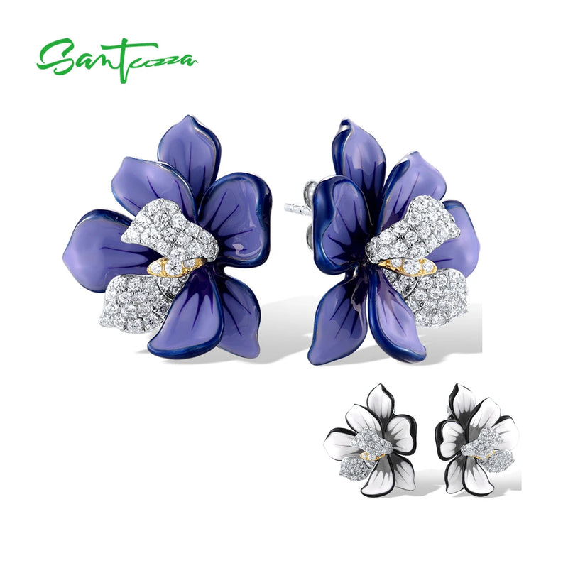 925 Sterling Silver Enamel Flower Stud Earrings for Women