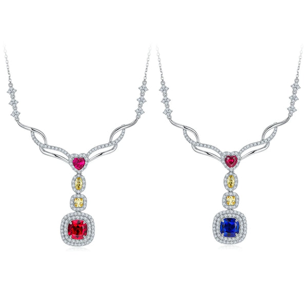 925 Sterling Silver Sapphire Ruby Diamond Pendant Necklace for Women