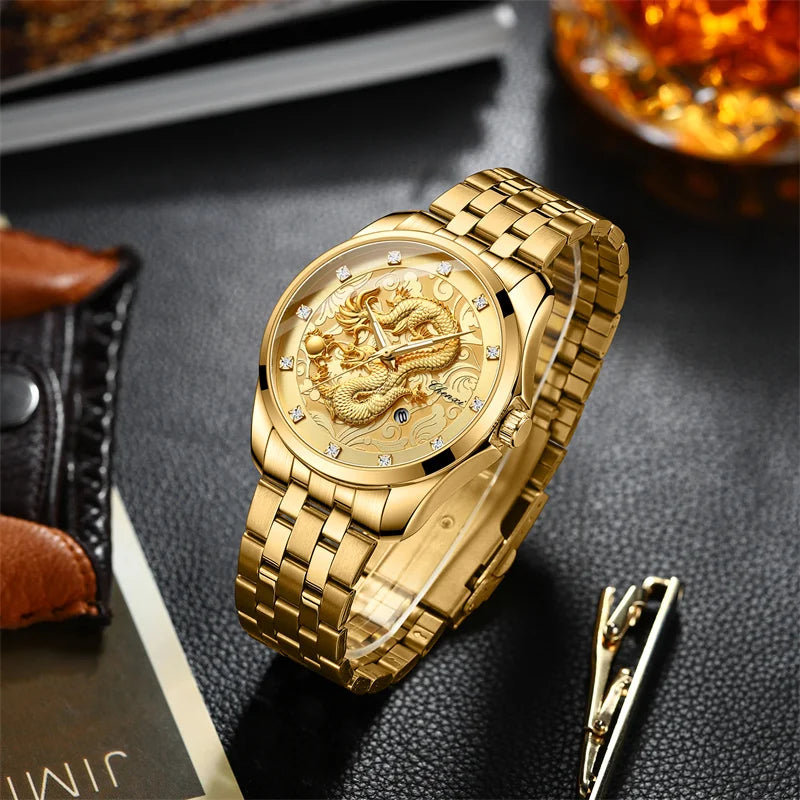 Stainless Steel Dragon Totem Embossed Wrist Watch for Men