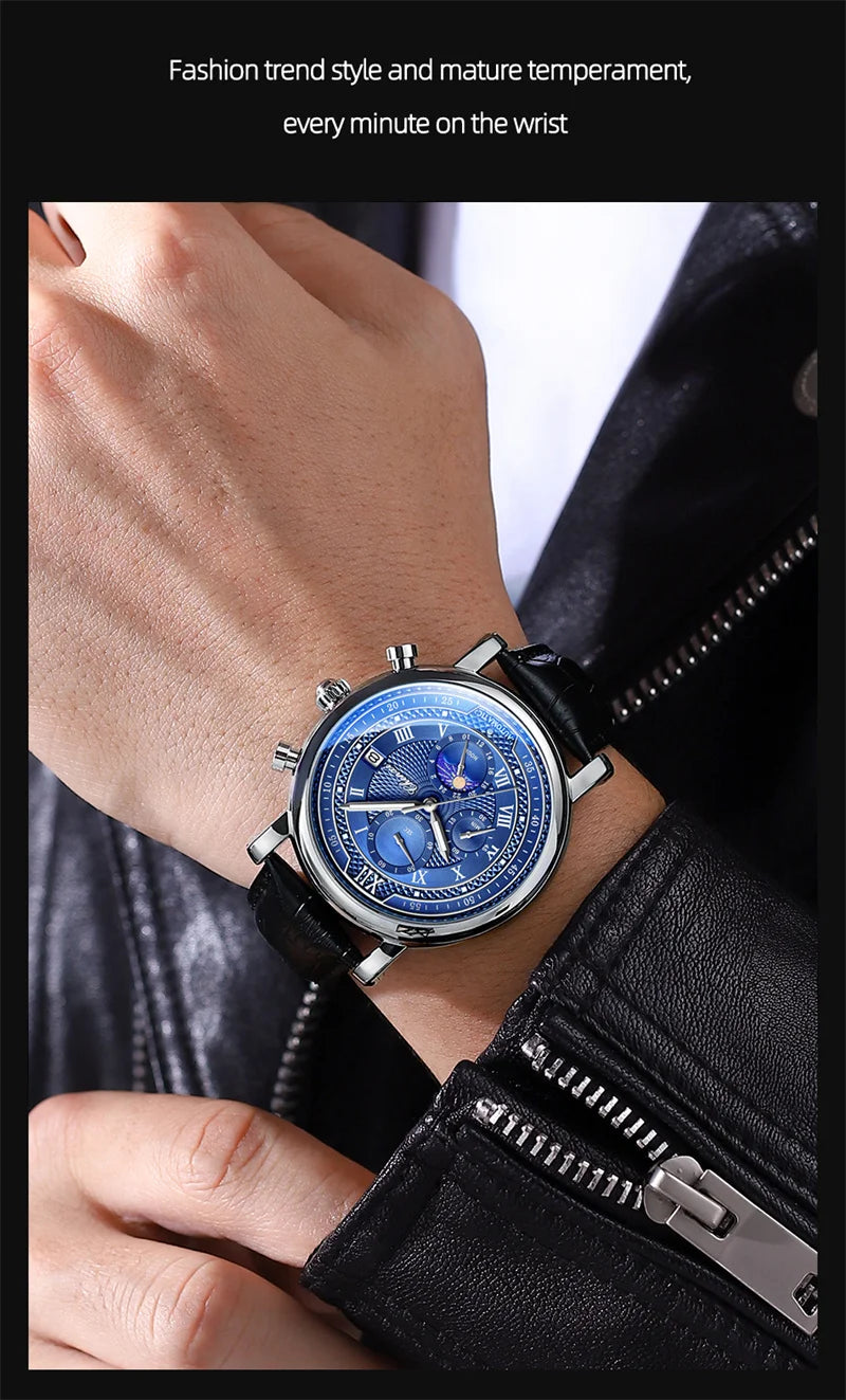 Stainless Steel Leather Chronograph Date Phase of the Moon Watch for Men