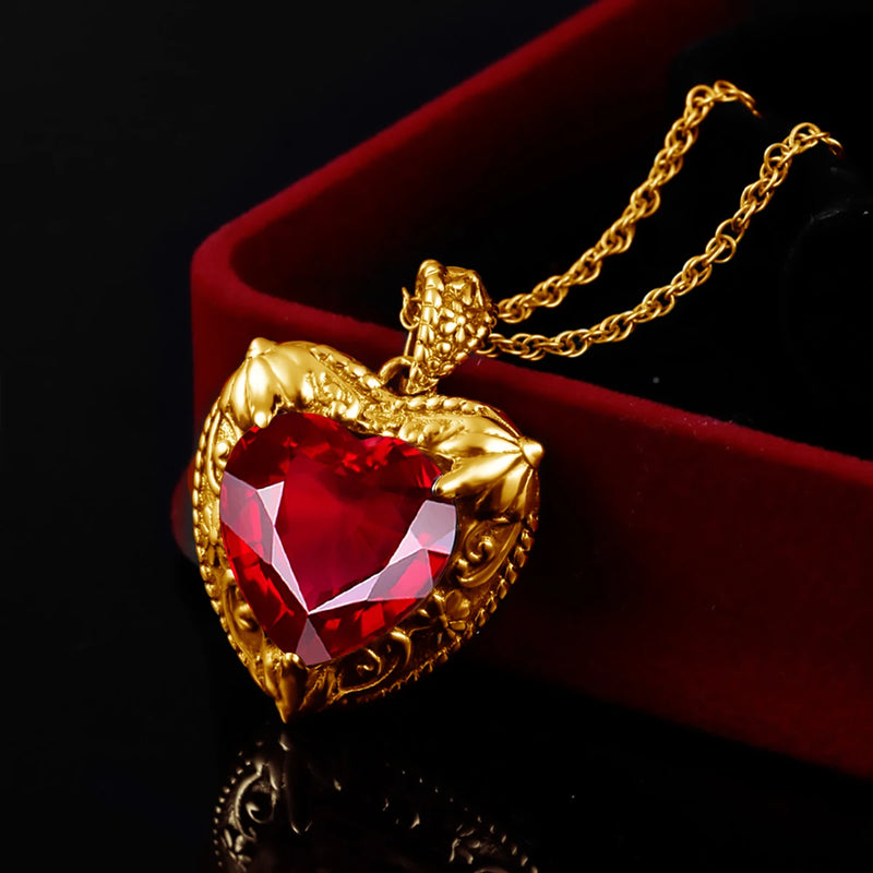 Gold Ruby Heart Pendant Necklace for Women